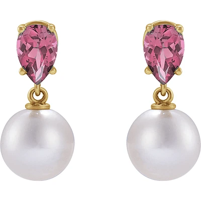 14K Yellow Cultured White Akoya Pearl & Natural Pink Tourmaline Earrings