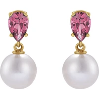 14K Yellow Cultured White Akoya Pearl & Natural Pink Tourmaline Earrings