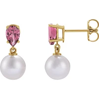 14K Yellow Cultured White Akoya Pearl & Natural Pink Tourmaline Earrings