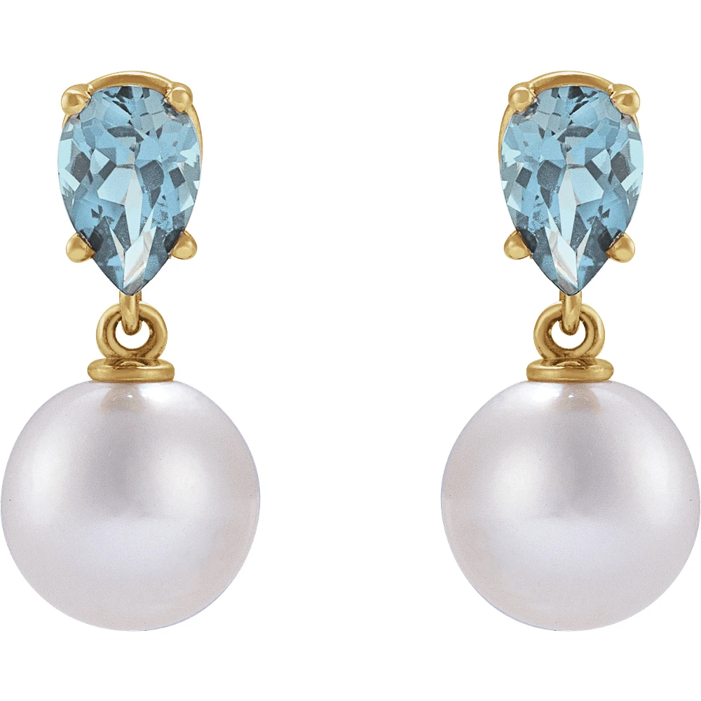 14K Yellow Cultured White Akoya Pearl & Natural Aquamarine Earrings