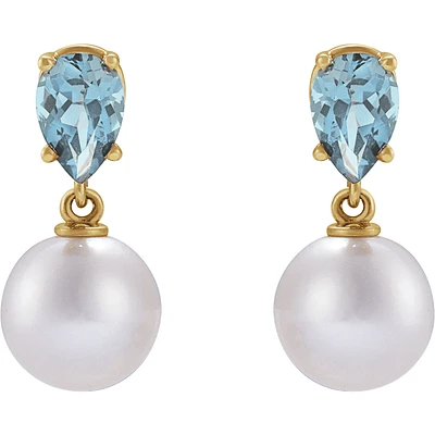 14K Yellow Cultured White Akoya Pearl & Natural Aquamarine Earrings