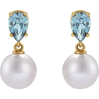 14K Yellow Cultured White Akoya Pearl & Natural Aquamarine Earrings