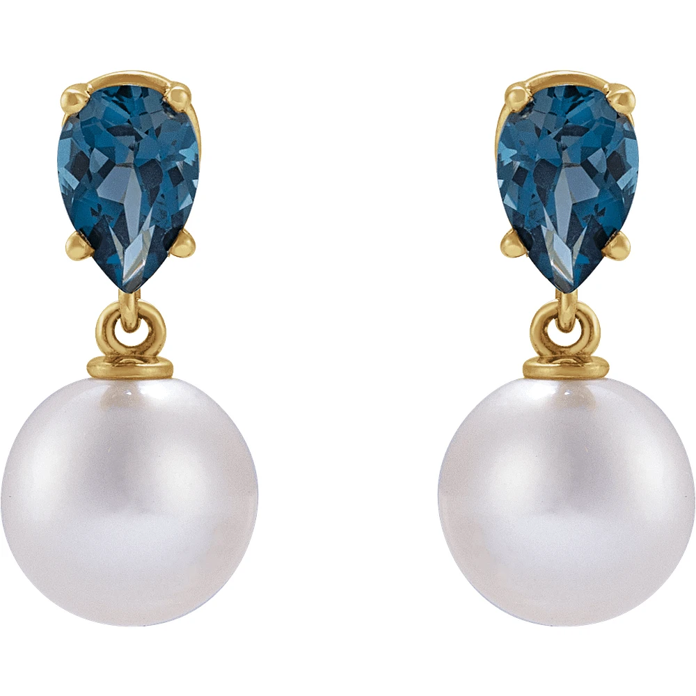 14K Yellow Cultured White Akoya Pearl & Natural London Blue Topaz Earrings