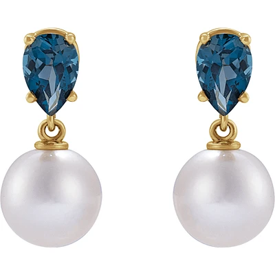 14K Yellow Cultured White Akoya Pearl & Natural London Blue Topaz Earrings