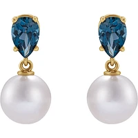 14K Yellow Cultured White Akoya Pearl & Natural London Blue Topaz Earrings