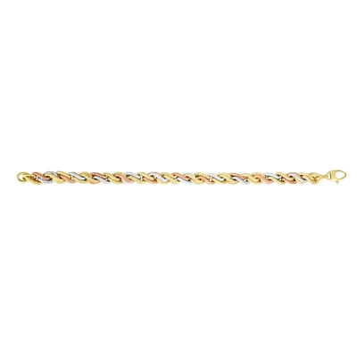 14kt 7.75" Yellow+White Gold 7mm Shiny+Textured Twisted Rope Fancy Bracelet with Fancy Lobster ClaspAUF1088-0775