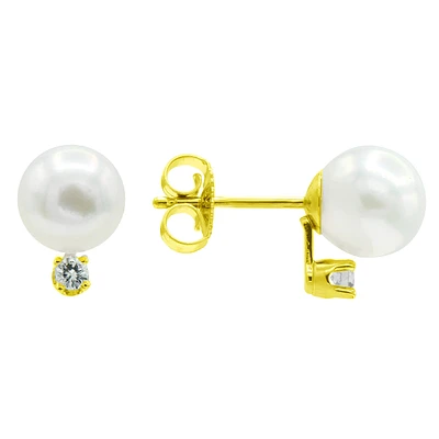 14K Yellow Gold Pearl and  Diamond Studs