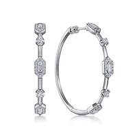 Gabriel & Co. - EG14276W44JJ - 14K White Gold 40mm Diamond Baguette and Round Station Classic Hoop Earrings
