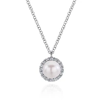 Gabriel & Co. - NK5619W45PL - 14K White Gold Cultured Pearl and Diamond Halo Pendant Necklace