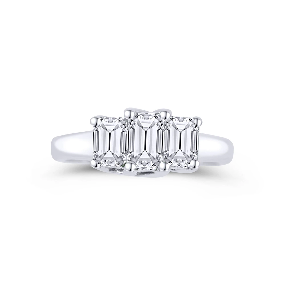 18K White Gold Three Emerald Cut Diamond Engagement Ring 0.80 Carat Center Diamond 0.62 Carat Emerald Diamond on each Side