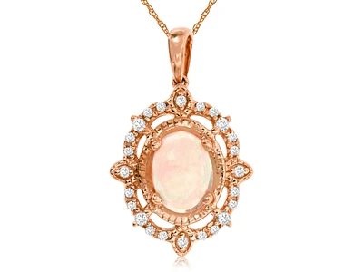 14K Rose Gold Oval Opal Diamond Frame Pendant Necklace