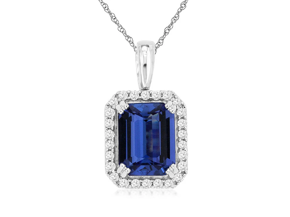 14K White Gold Emerald Cut Tanzanite Diamond Halo Pendant Necklace