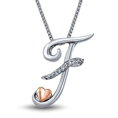 Diamond I Am Loved "F" Pendant in Sterling Silver & 14K Rose Gold