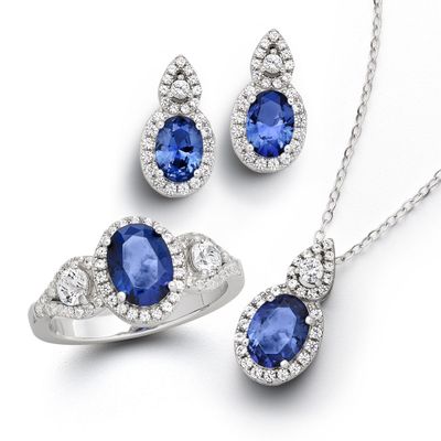 Oval Lab-Created Blue Sapphire Earrings, Pendant & Ring in Sterling Silver