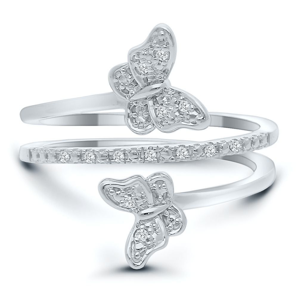 Double Butterfly Diamond Ring in Sterling Silver