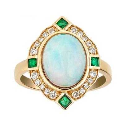 Opal, Emerald & 1/5 ct. tw. Diamond Ring 10K Yellow Gold