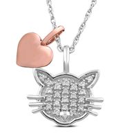 Diamond Cat Necklace with 10K Rose Gold Heart in Sterling Silver (1/10 ct. tw.)