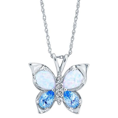 Lab-Created Opal, Blue Topaz & Diamond Butterfly Pendant in 10K White Gold