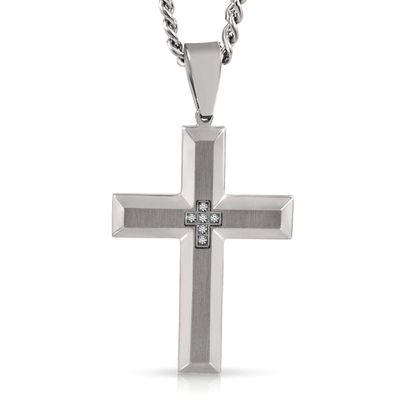 Men's Diamond Cross Necklace in Stainless Steel, 24"