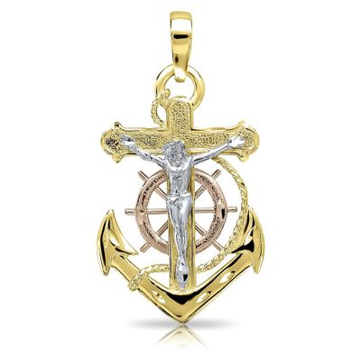 Endura Gold® Polished Tricolor Crucifix & Anchor in 14K Gold