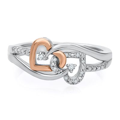 Diamond Double Heart Promise Ring Sterling Silver & 10K Rose Gold