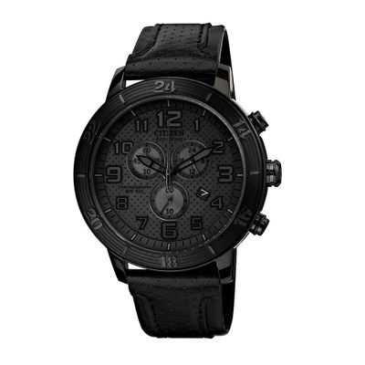 Black Leather Chronograph Men's Watch in Black Ion-Plated Stainless Steel, 46mm
