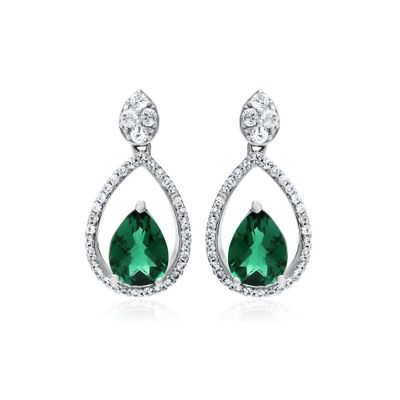 Lab-Created Emerald & White Sapphire Teardrop Dangle Earrings in Sterling Silver