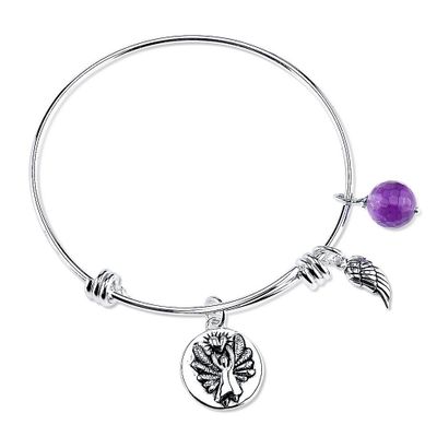 Angel & Feather Charm Expandable Bangle Bracelet in Sterling Silver
