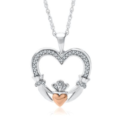 1/7 ct. tw. Diamond Claddagh Pendant in Sterling Silver & 10K Rose Gold