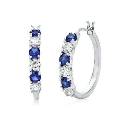 Lab-Created Blue & White Sapphire Hoop Earrings in Sterling Silver