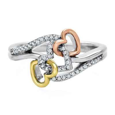 1/10 ct. tw. Diamond Interlocking Three Heart Tricolor Ring Sterling Silver & 10K Gold