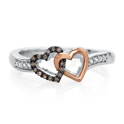 1/10 ct. tw. Champagne & White Diamond Double Heart Promise Ring Sterling Silver 10K Rose Gold