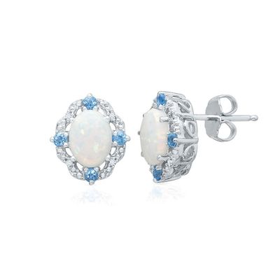 Lab-Created Opal, Blue Topaz & Diamond Earrings in Sterling Silver