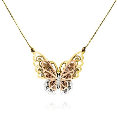 Tricolor Butterfly Necklace in 14K Gold