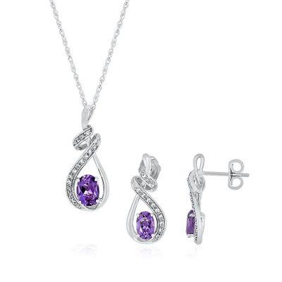 Amethyst & Lab-Created White Sapphire Pendant & Earring Boxed Set in Sterling Silver