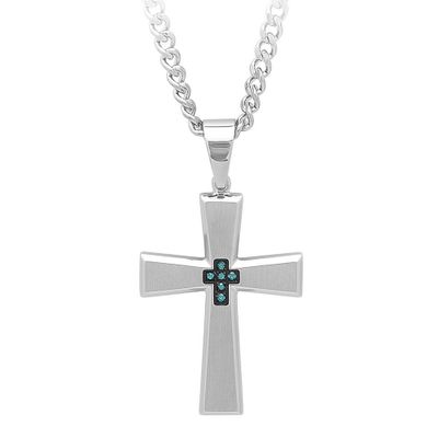 Men's Blue Diamond Cross Pendant in Stainless Steel