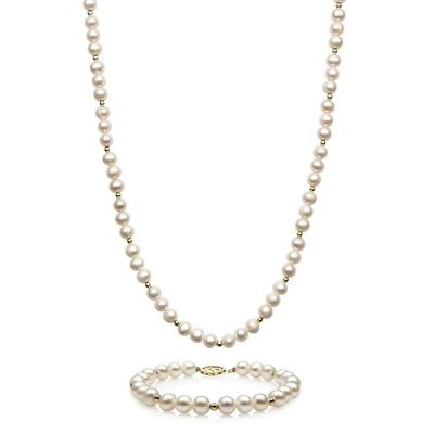 Freshwater Cultured Pearl Necklace & Bracelet Set in 14K Yellow Gold
