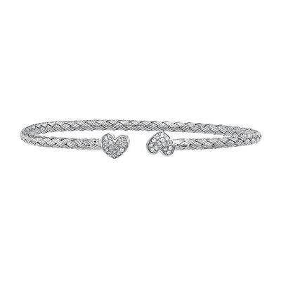 Cubic Zirconia Heart Braided Bangle Bracelet in Sterling Silver