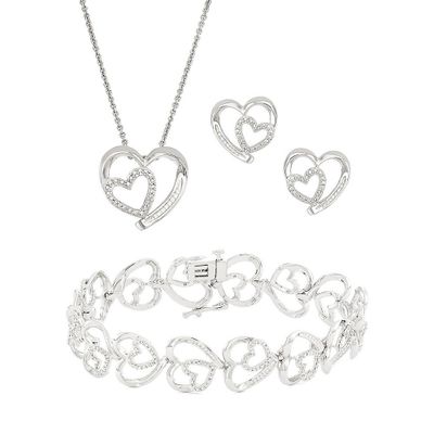 Diamond Double Heart Bracelet, Pendant & Earrings Box Set in Sterling Silver