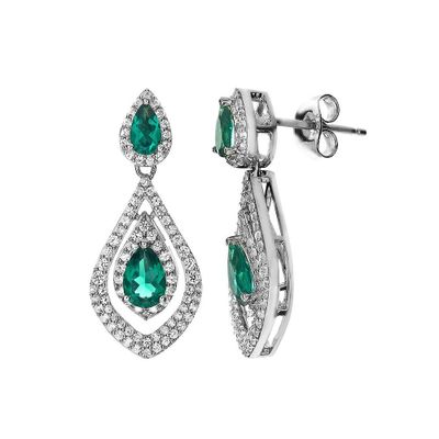 Lab-Created Emerald & White Sapphire Dangle Earrings in Sterling Silver