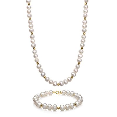 Children's Freshwater Cultured Pearl Necklace & Bracelet Set in 14K Yellow Gold