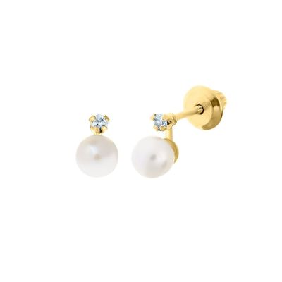 Children's Freshwater Cultured Pearl & Diamond Stud Earrings in 14K Yellow Gold