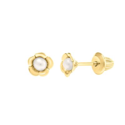 Children's Freshwater Cultured Pearl Flower Stud Earrings in 14K Yellow Gold, 3-4MM