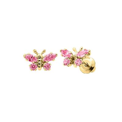 Children's Lab-Created Pink Crystal Butterfly Stud Earrings in 14K Yellow Gold