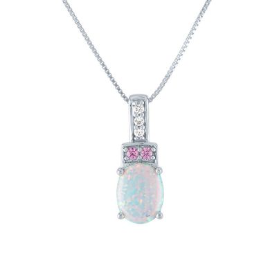 Lab-Created Opal, Pink & White Sapphire Pendant in Sterling Silver