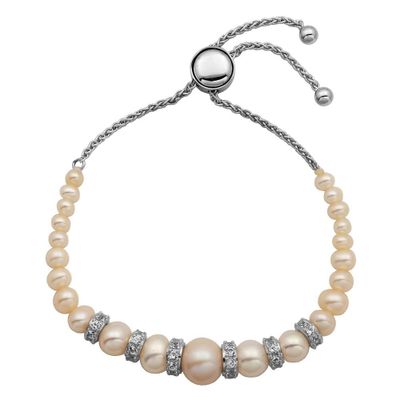 Freshwater Cultured Pearl & Lab-Created White Sapphire Bolo Bracelet in Sterling Silver