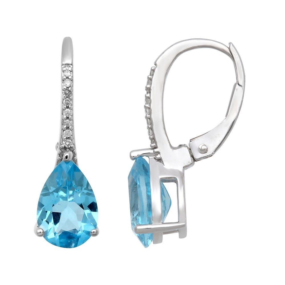 Blue Topaz & Diamond Drop Earrings in Sterling Silver