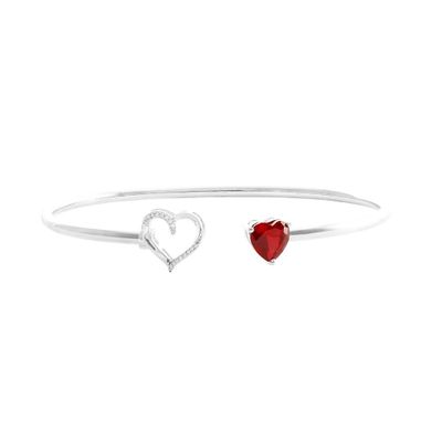 Lab-Created Ruby & Diamond Heart Bangle Bracelet in Sterling Silver
