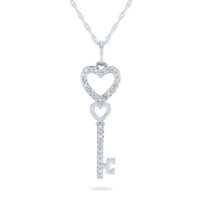 Diamond Heart Key Pendant in 10K White Gold