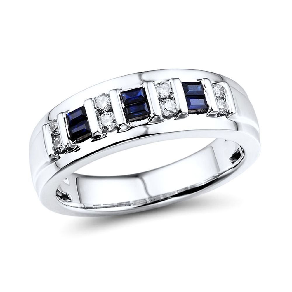 Men's Blue Sapphire & 1/5 ct. tw. Diamond Band 10K White Gold